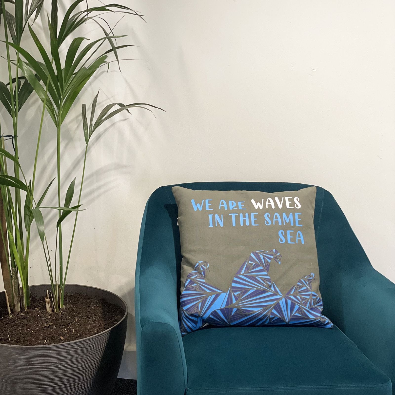 Set of 3 Cotton Cushion Cover - We are Waves - Grey, Blue and Natural