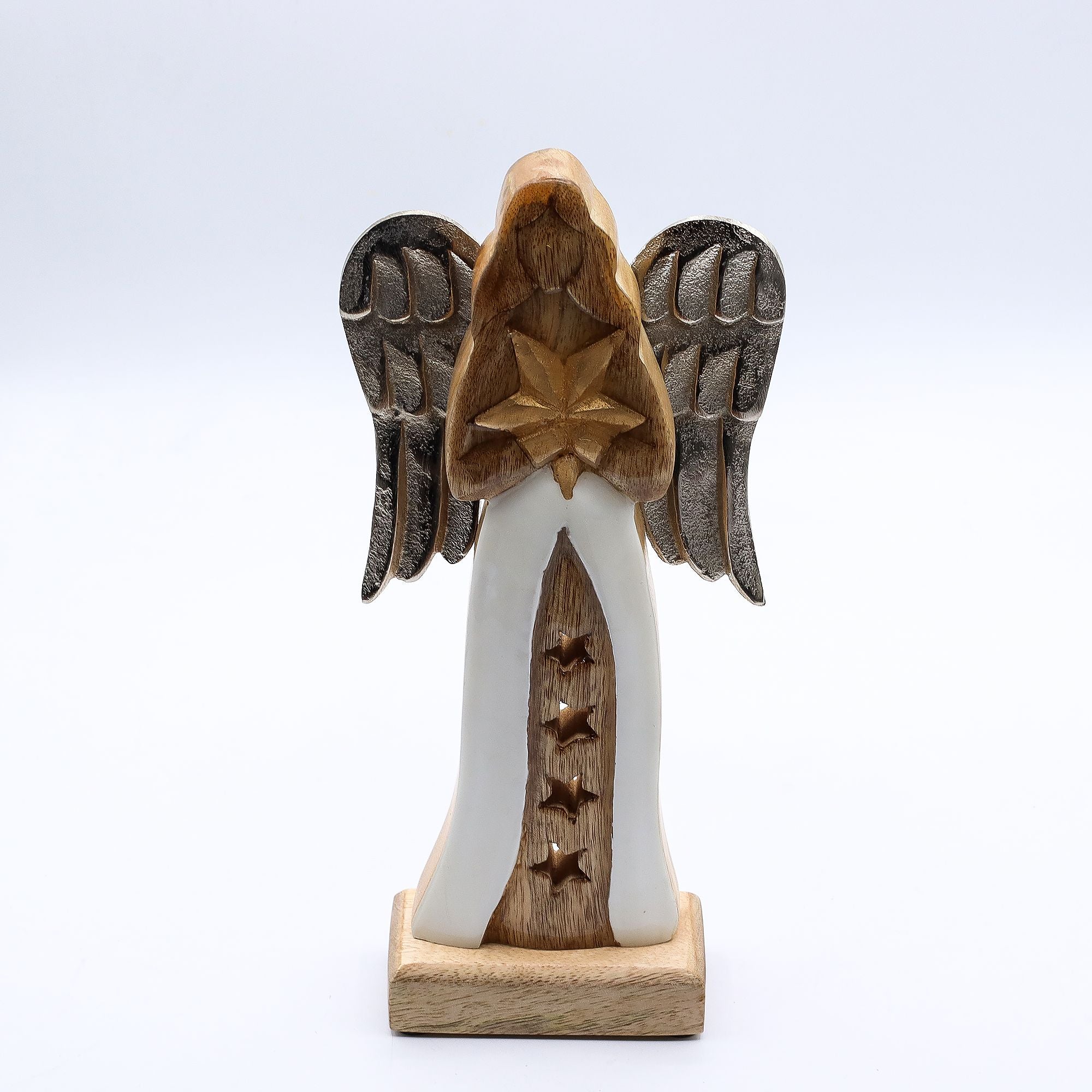 Large Mango Wood Star Angel Metal Wings & Enamel Detail 30cm