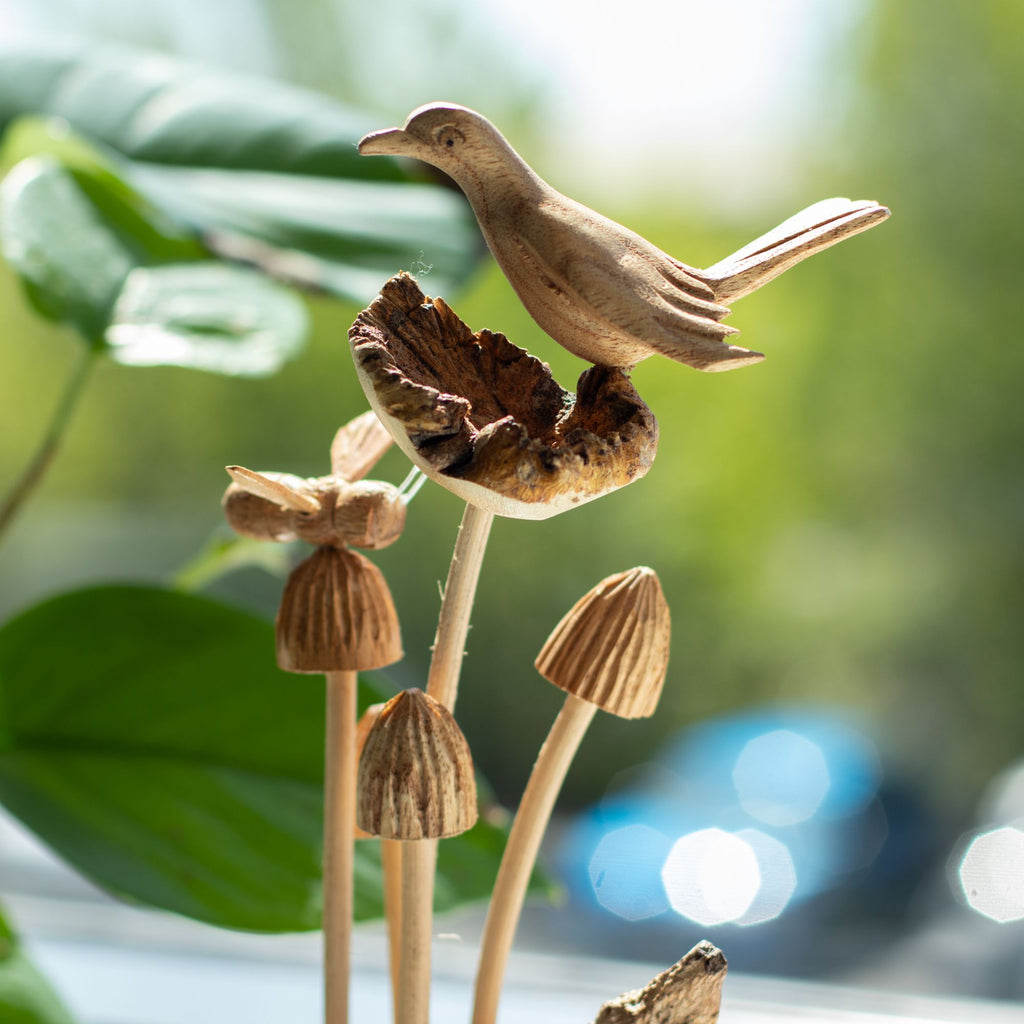 Bird & Bee on Mushrooms - Parasite Wood Art Carving