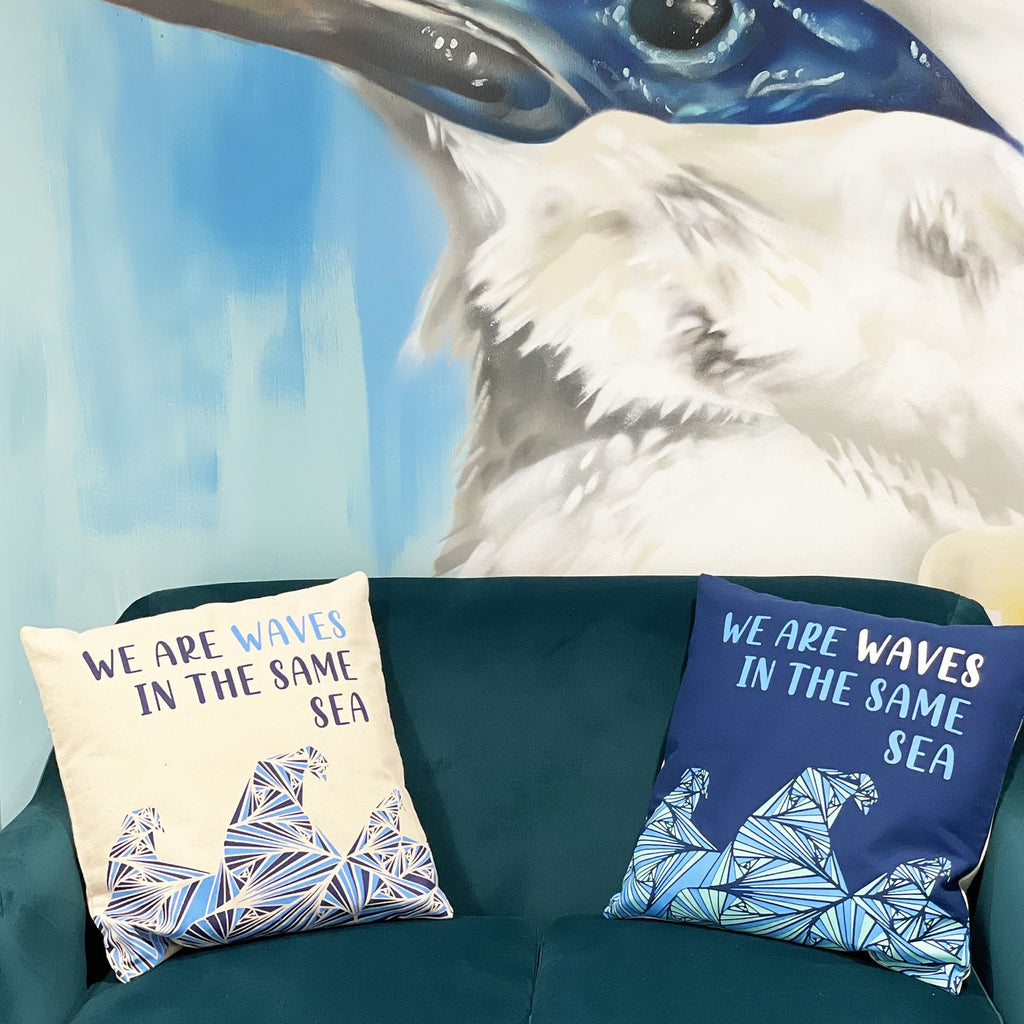 Set of 3 Cotton Cushion Cover - We are Waves - Grey, Blue and Natural
