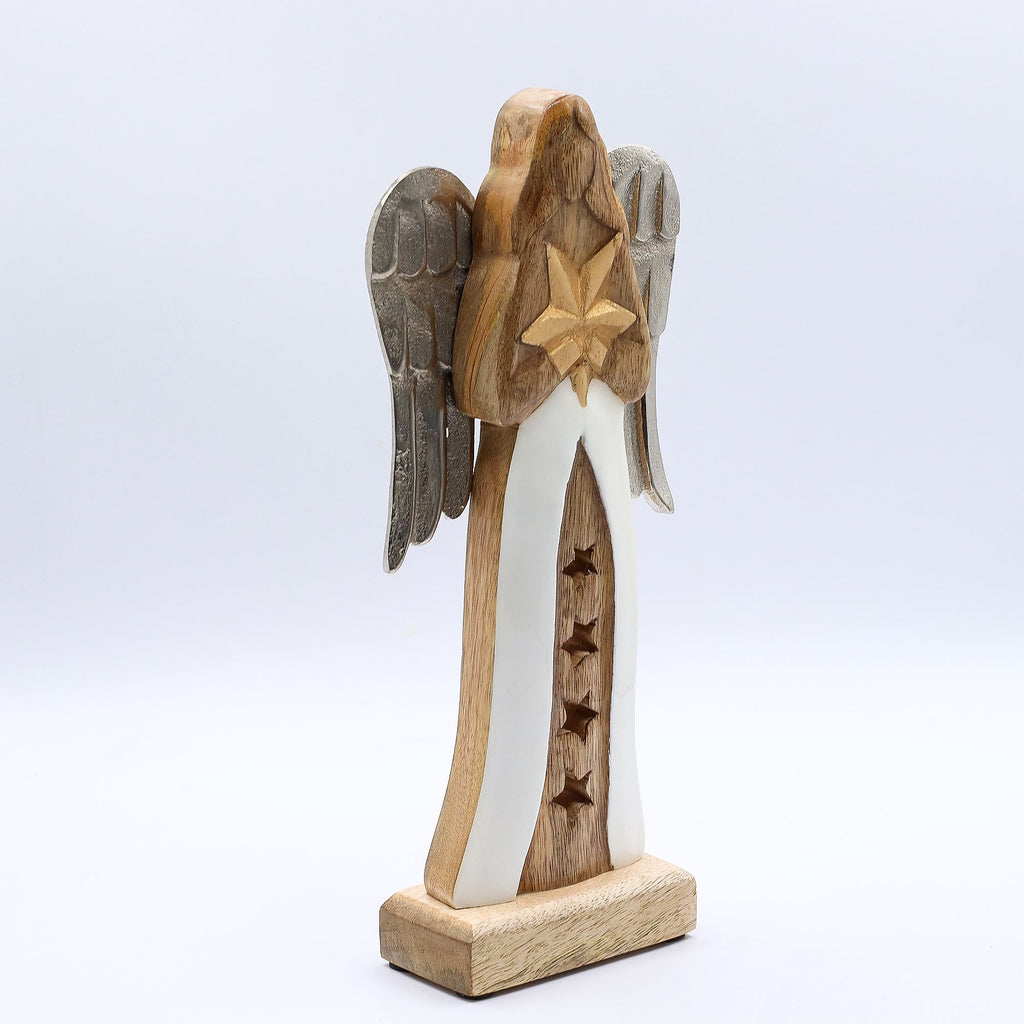 Large Mango Wood Star Angel Metal Wings & Enamel Detail 30cm