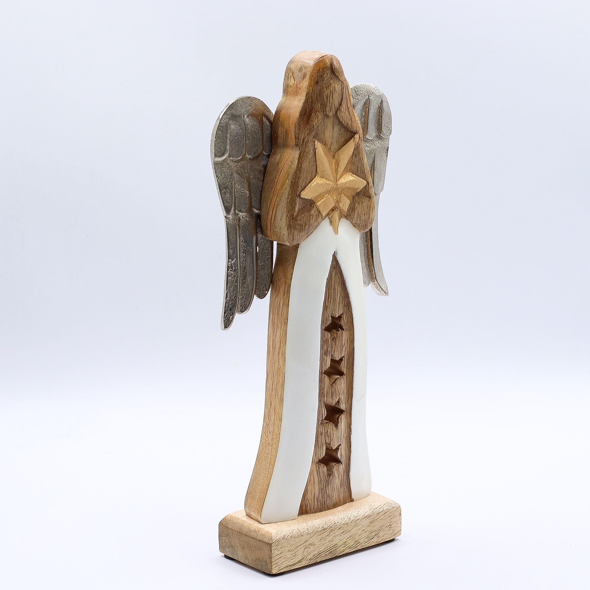 Large Mango Wood Star Angel Metal Wings & Enamel Detail 30cm