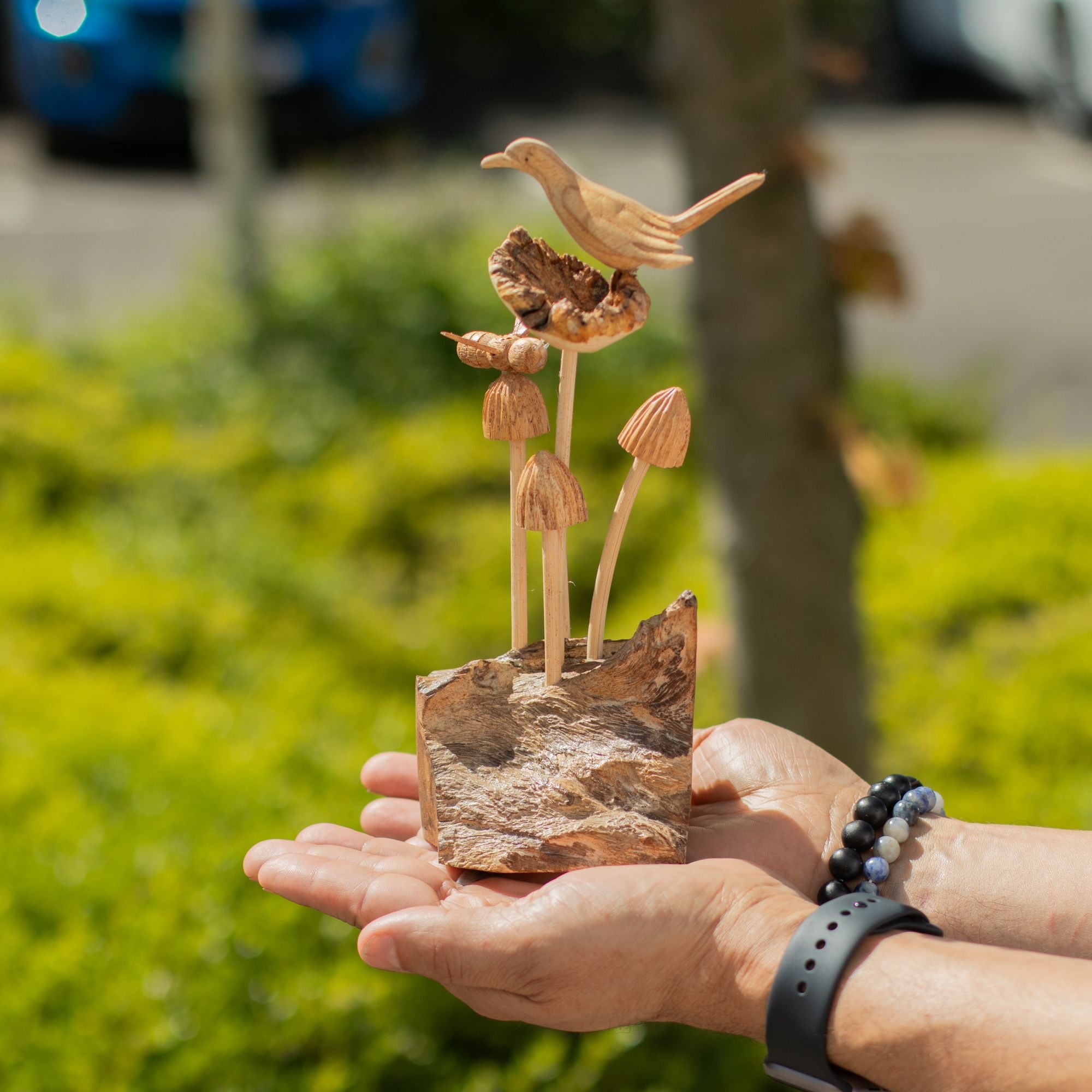 Bird & Bee on Mushrooms - Parasite Wood Art Carving