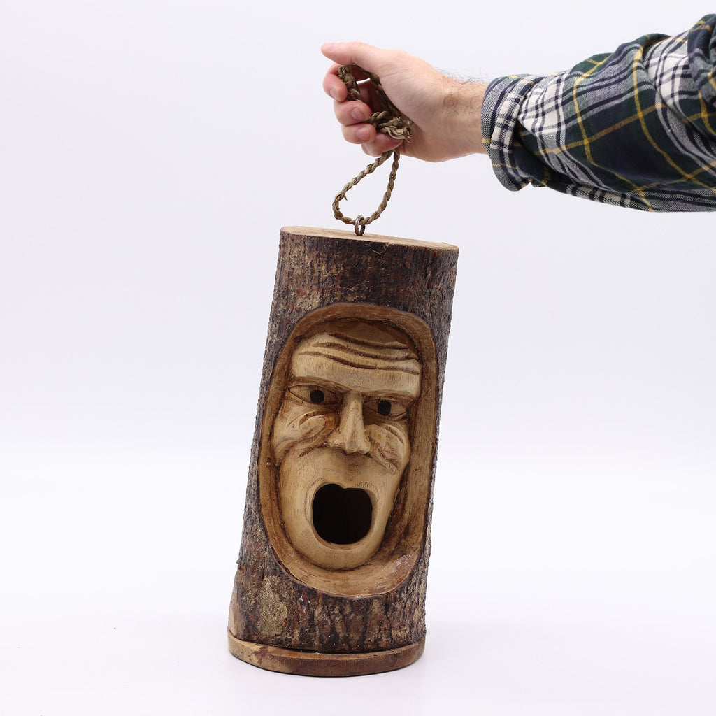 Rustic Wooden Bird House – Hand Carved Grumpy Old Man