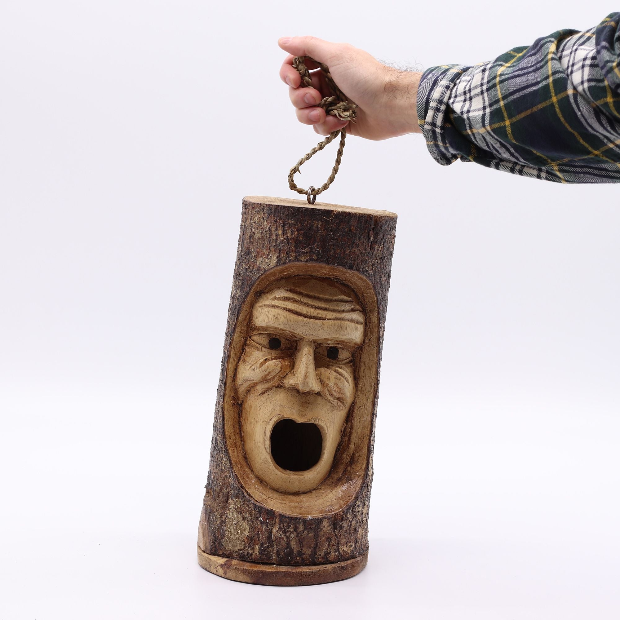 Rustic Wooden Bird House – Hand Carved Grumpy Old Man