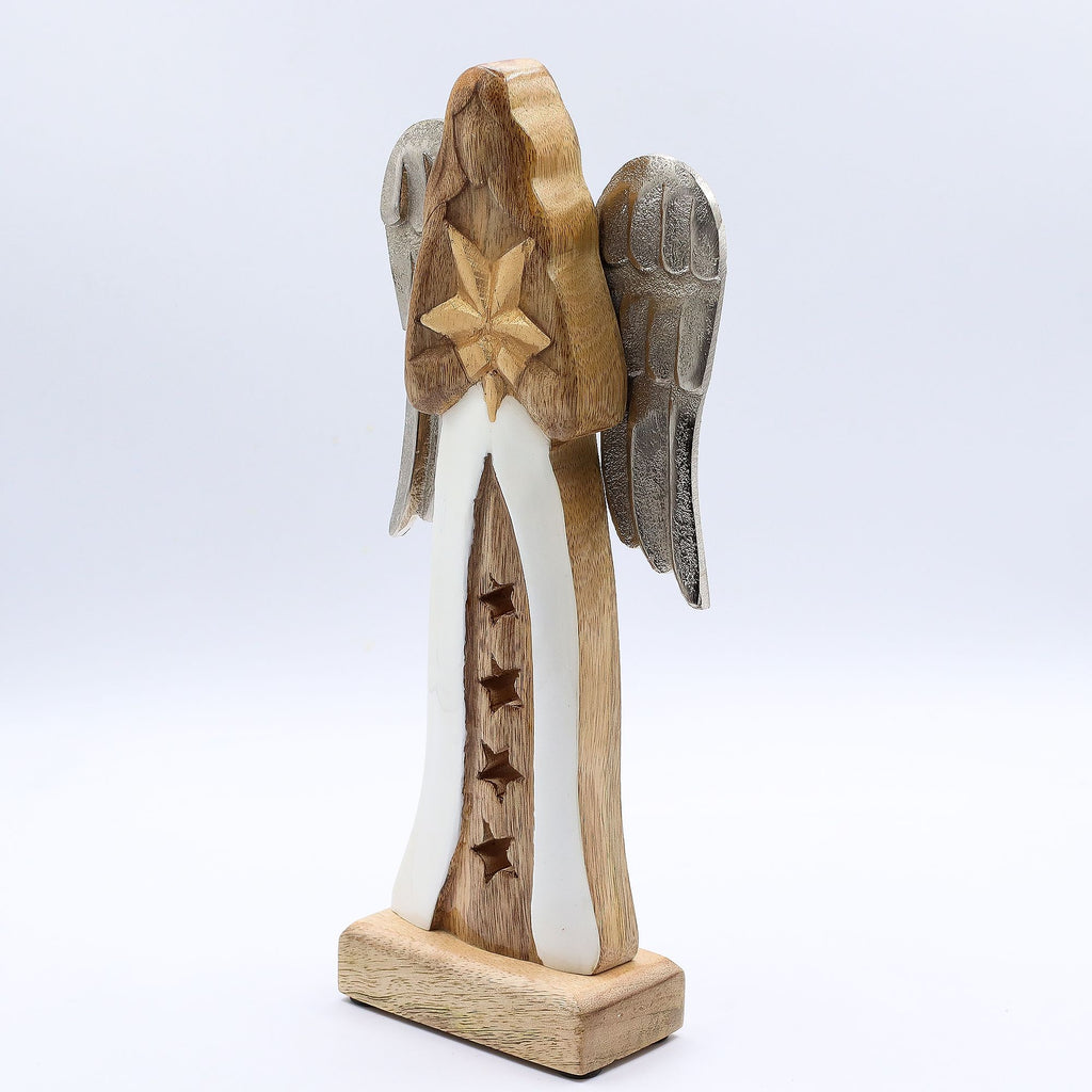 Large Mango Wood Star Angel Metal Wings & Enamel Detail 30cm