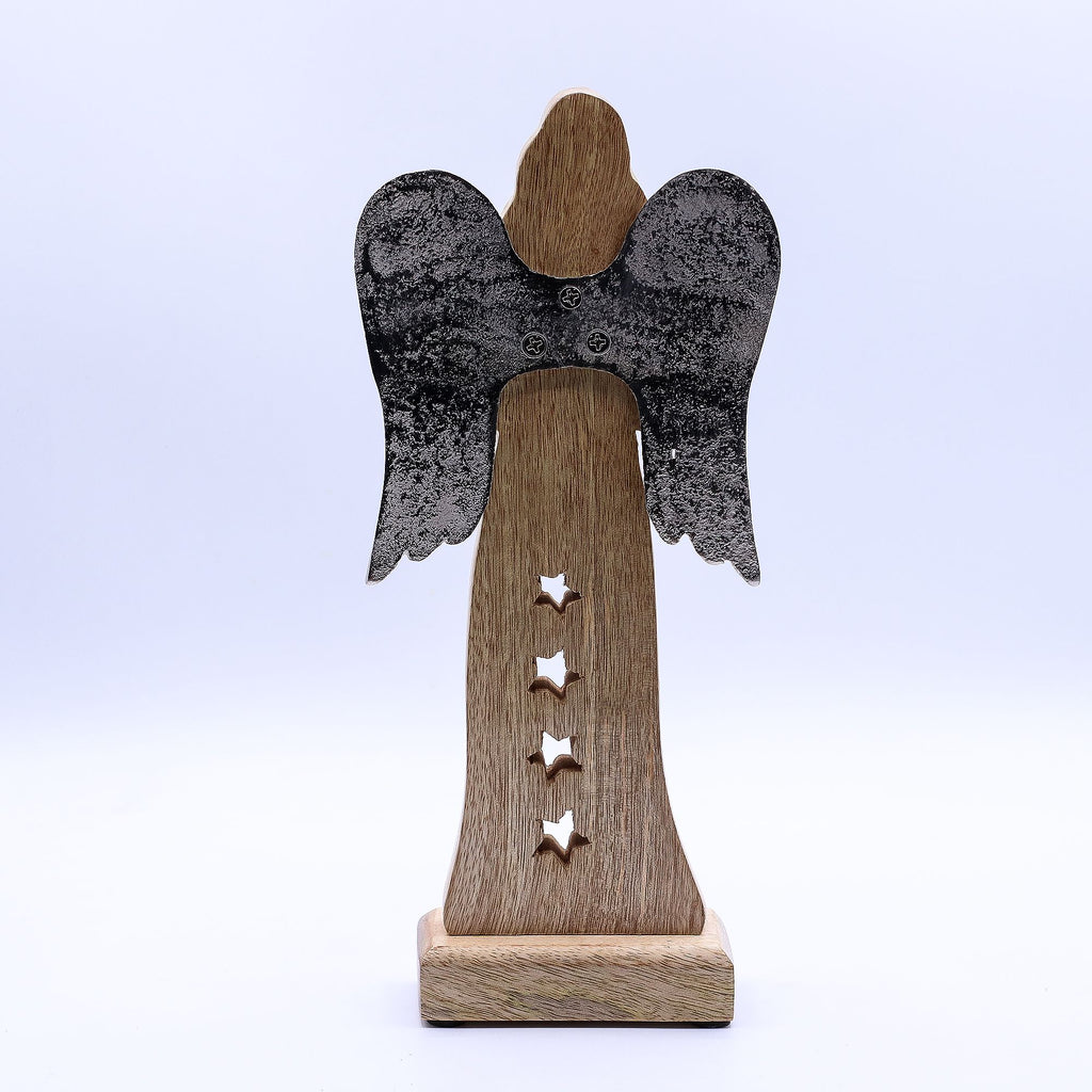 Large Mango Wood Star Angel Metal Wings & Enamel Detail 30cm